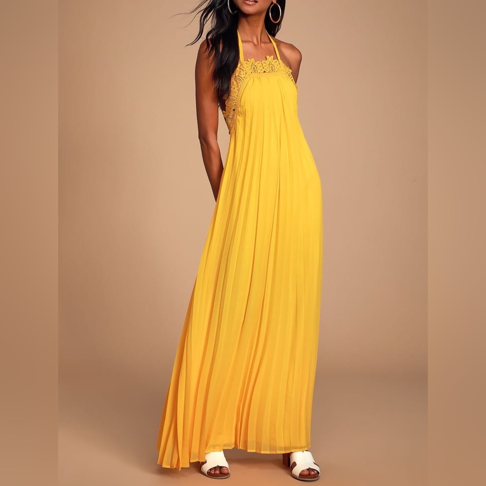Lulu’s Encinitas Golden Yellow Lace Pleated Halter Maxi Dress